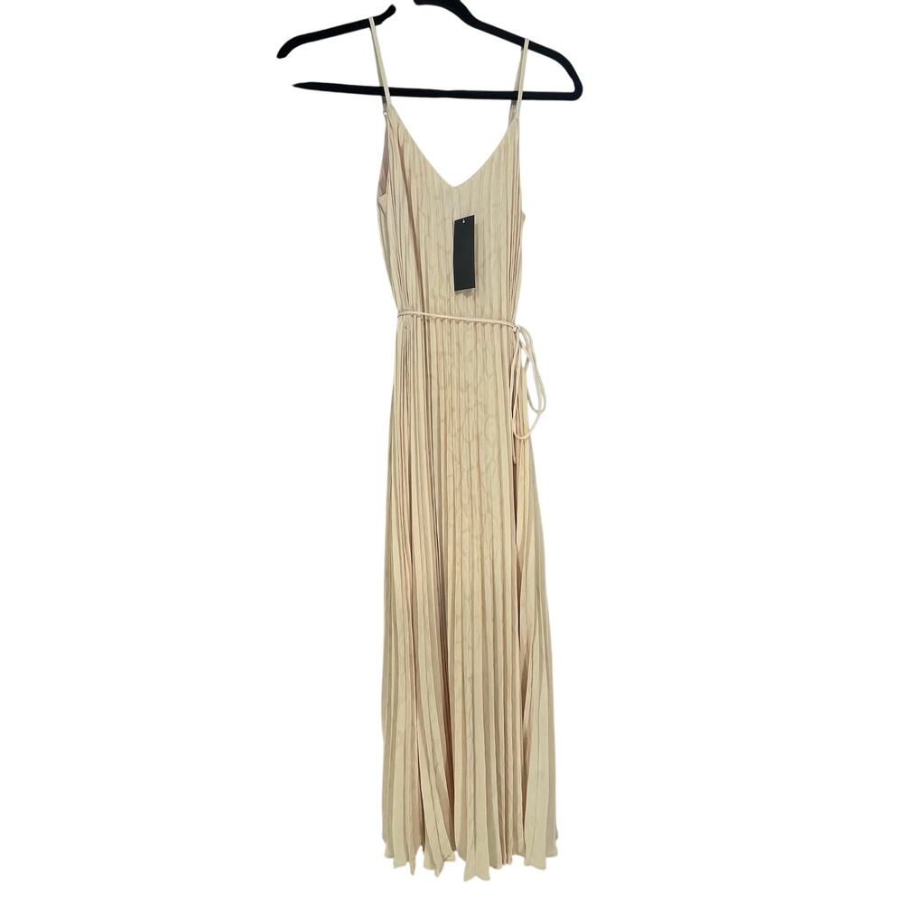 Banana Republic Cream Pleated Midi Dress NWT XS Sleeveless Tie Waist Elegant - Picture 2 of 8